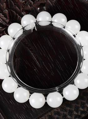 新疆天然和田玉羊脂玉12mm圆珠手链手串 成色白 脂份好 油性大hh0