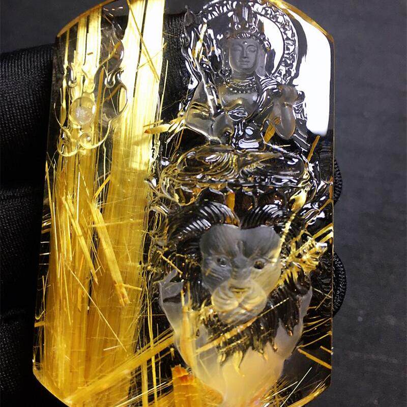 天然水晶巴西钛晶文殊观音项链吊坠51克金发晶板钛猫眼原矿顺发贺