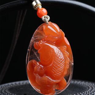 天然水晶巴西红兔毛发晶福鱼女款项链吊坠42.2克红发晶俏色巧雕秀