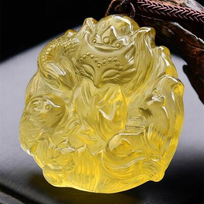 收藏级大号天然巴西原矿黄水晶手工雕刻五仙狐狸吊坠项链56.9g即