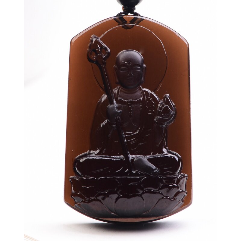 天然巴西原矿茶水晶烟晶手工精致雕刻地藏王吊坠项坠项链27克速