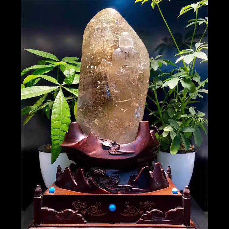 天然水晶巴西钛晶手工雕刻地藏王大摆件3.999公斤金发晶原矿速