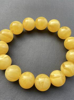 天然俄料原矿鸡油黄蜜蜡手链手串14mm+金绞蜜无优化无烤色琥珀速