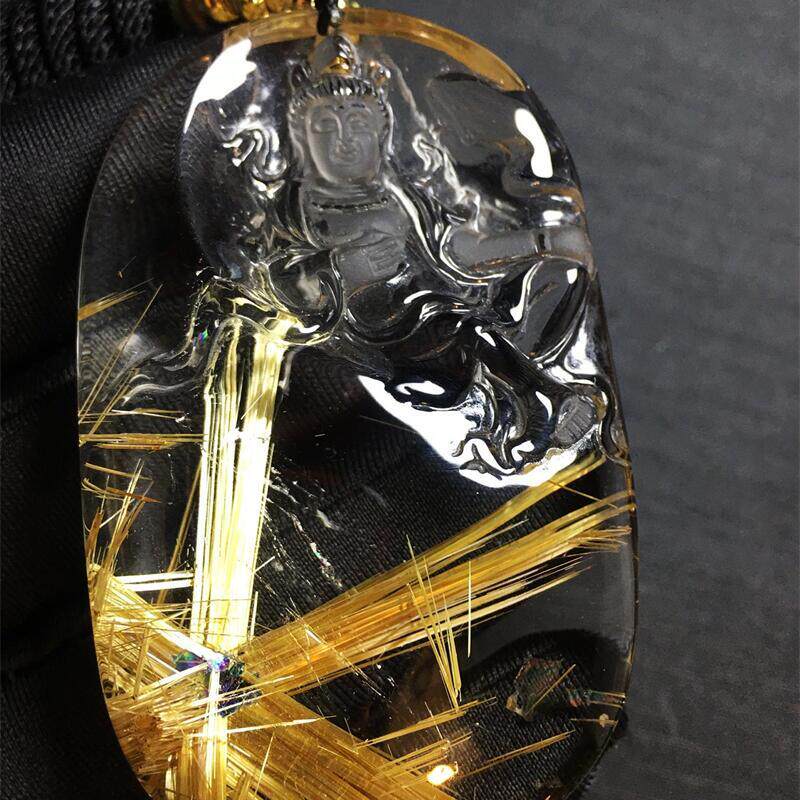 天然水晶巴西钛晶花白体观音项链吊坠60克金发晶钛晶板钛猫眼贺