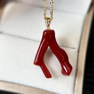天然阿卡珊瑚原枝吊坠项链18K金原色有机宝石沙丁深海红科西嘉速