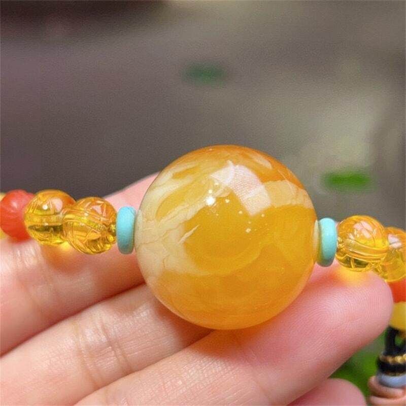 天然原矿俄料金绞蜜糖红飘白花蜜蜡女款锁骨链项链吊坠23.7克贺