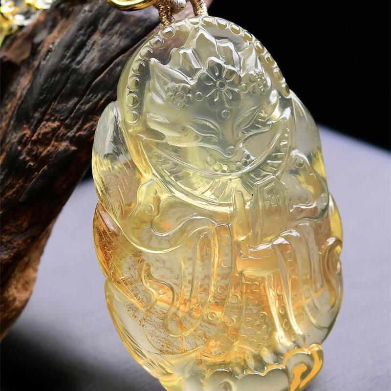 巴西天然老矿黄水晶黄胶花俏色九尾狐狸吊坠项链手工雕工82g即