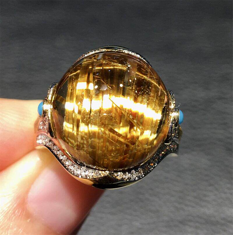 天然水晶巴西钛晶戒指戒面18k金圈15.5金发晶板钛猫眼原矿顺发速