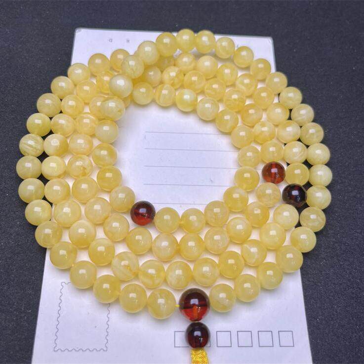 天然俄料原矿鸡油黄蜜蜡佛珠108项链手链手串9.6mm无优化无烤色