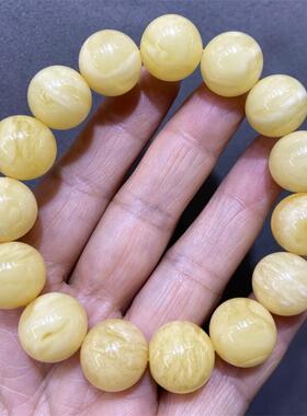 天然俄料原矿奶白蜜蜡手链手串14mm虎皮纹优白无优化无烤色琥珀速