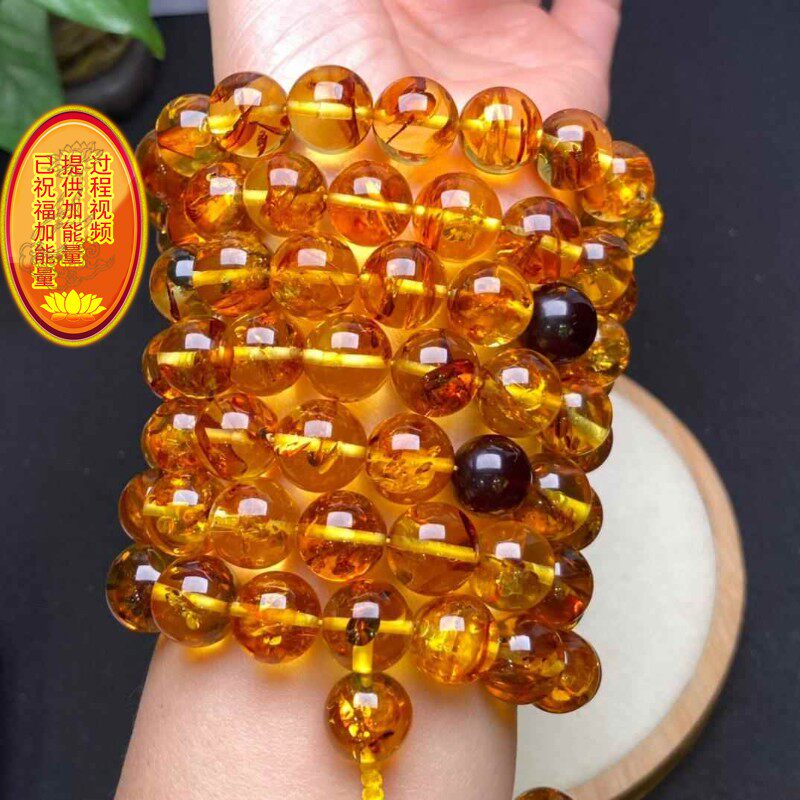 天然琥珀12.8mm花珀108颗佛珠手链毛衣项链 花瓣漂亮 重146.1克dj