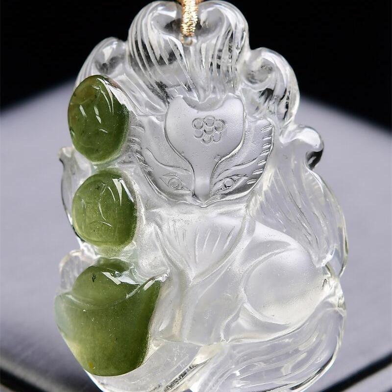 大号天然绿幽灵俏色元宝铜钱九尾狐狸吊坠毛衣链两用款40.8g即