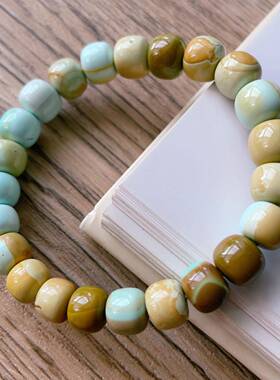 天然湖北原矿绿松石9mm水波纹老型珠手链 顶瓷糖果色 22.85克 jd0