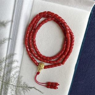 天然沙丁珊瑚三圈手链手串4.8mm原色有机宝石阿卡深海红科西嘉速