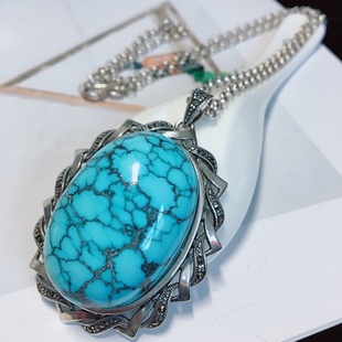 天然湖北高瓷蓝原矿绿松石水草纹乌兰花吊坠项链925银精工玉化