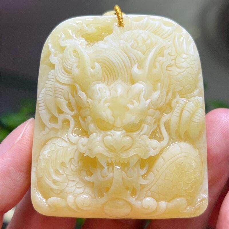 天然原矿俄料蜜蜡大师精工雕刻龙牌毛衣链吊坠项链47.7克琥珀贺