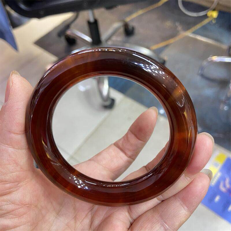 天然俄料原矿棕红琥珀手镯镯心圈口58mm流淌纹无优化无烤色琥珀