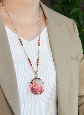 天然巴西水晶红胶花俏色弥勒笑佛吊坠项链规格44*38*17mm重72克ss