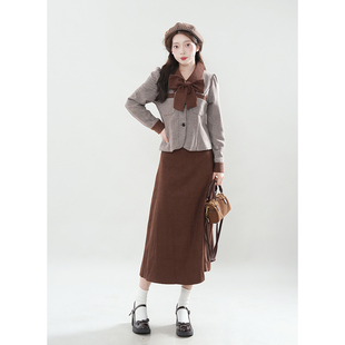 秋冬一整套全 冬日热可可 法式 复古千金甜美短款 外套显瘦半裙套装