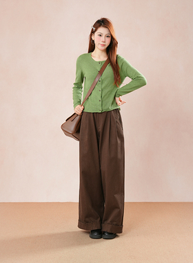早秋时尚新款韩版气质绿色慵懒风小个子百搭针织衫咖色裤子两件套