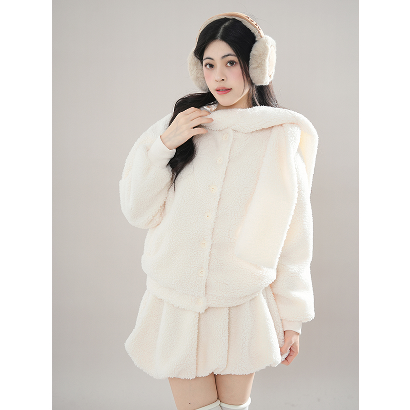 冬日可爱少女甜美减龄兔耳朵外套+高腰短裙洋气套装两件套ins风