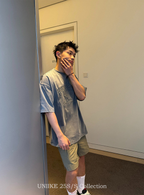 uniike油腻客【逃课日记】 夏季学院刺绣徽章男女宽松水洗短袖T恤