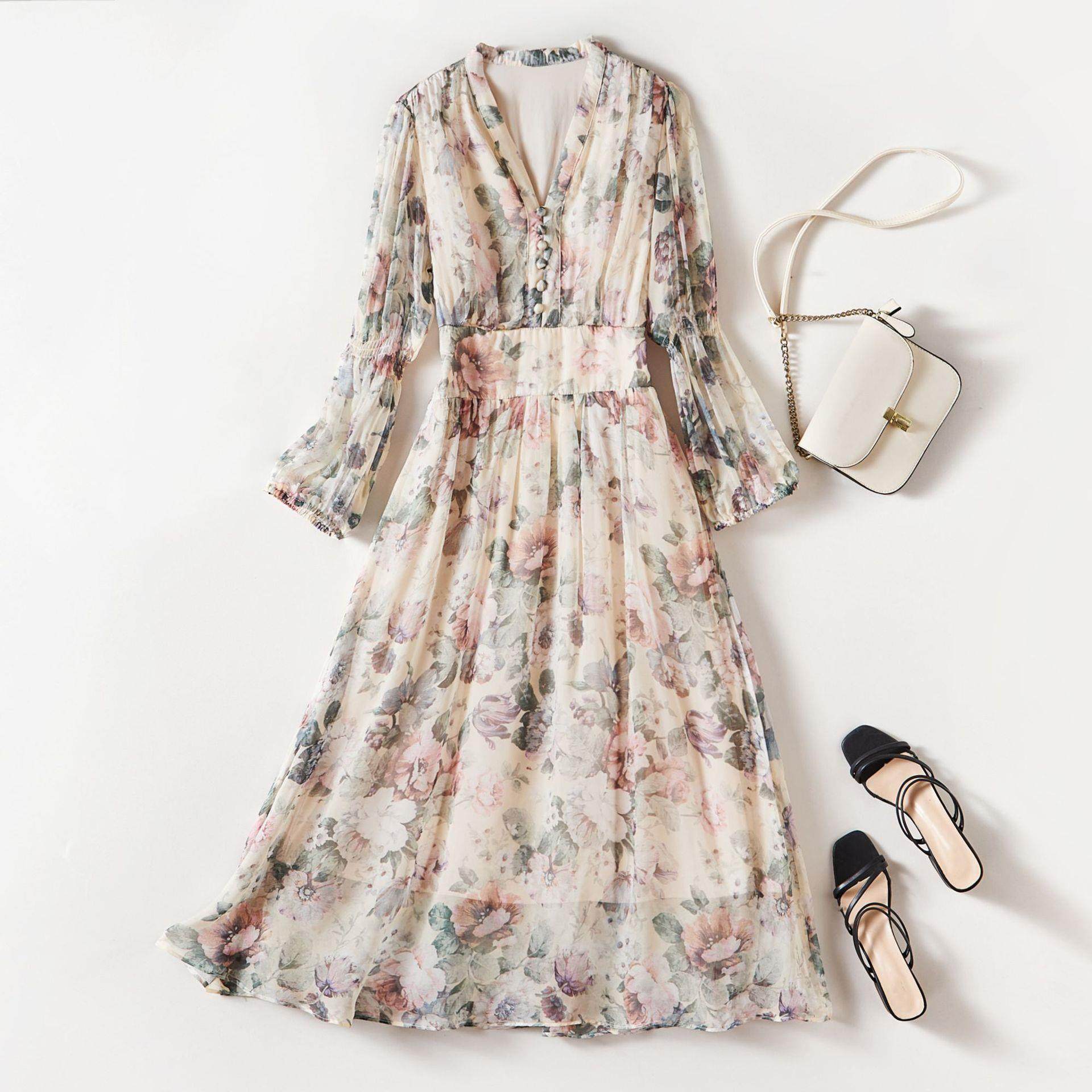 芭碧尔女装真丝连衣裙优雅气质碎花海边度假沙滩长裙85013