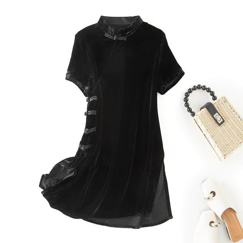 女装新中式国风真丝丝绒连衣裙复古小立领斜襟短袖打底裙 85117