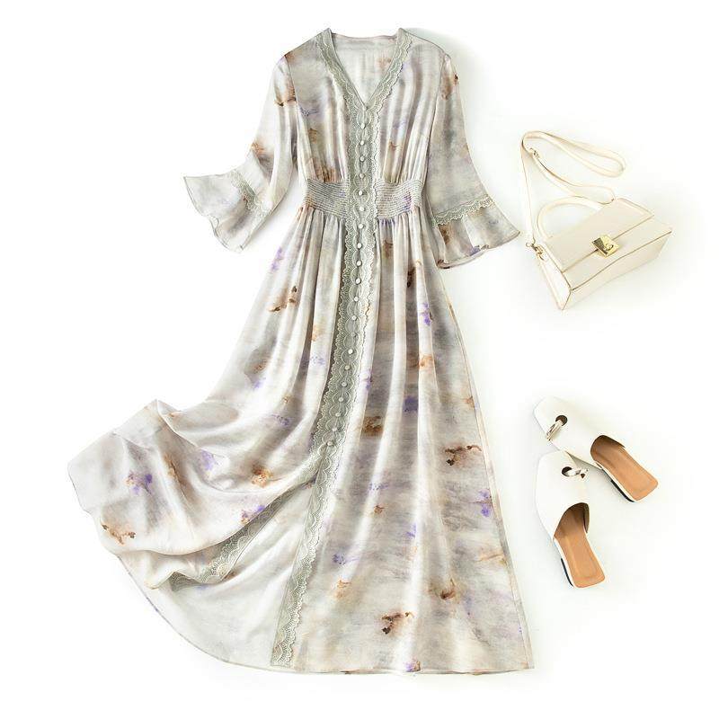 大码女装法式茶歇双绉长裙夏季2026新款遮肉显瘦真丝连衣裙