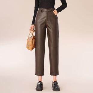 PU皮小脚哈伦裤 直筒休闲裤 女2025秋冬新款 高腰黑色皮裤 子 韩版 时尚