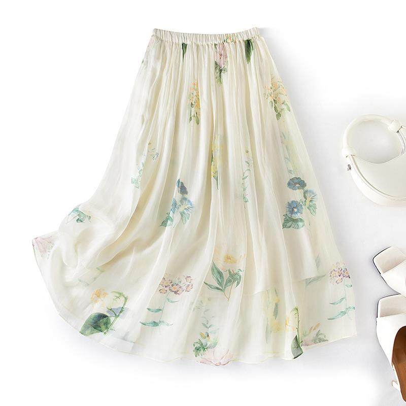 真丝半身裙高腰显瘦a字垂感长裙桑蚕丝米色印花大摆裙裙子85091