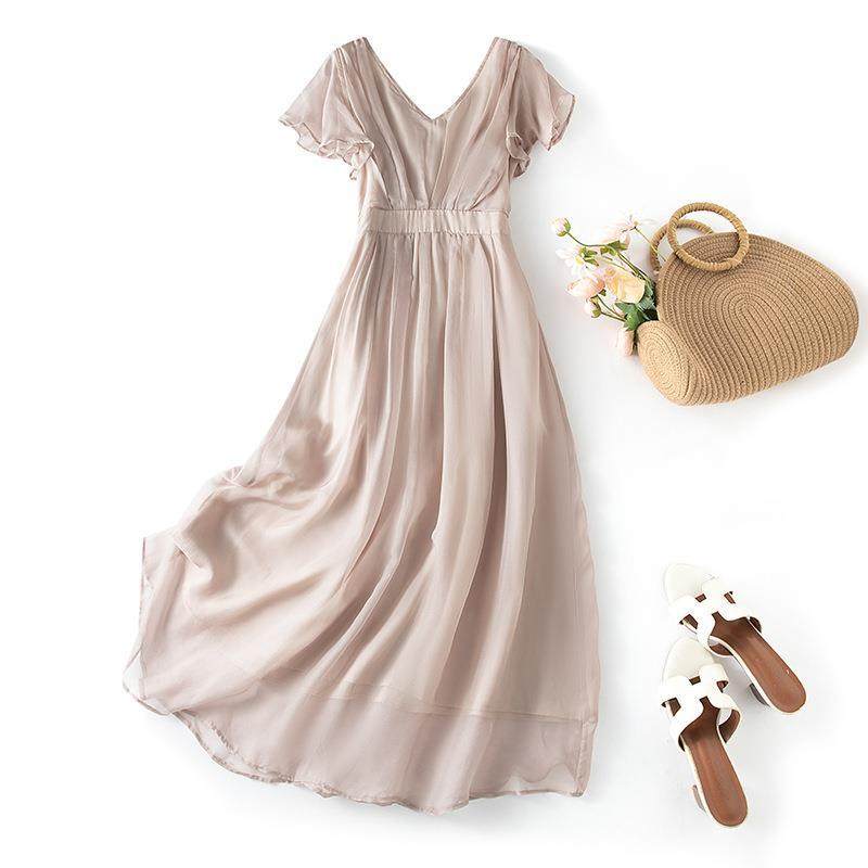 超仙真丝V裙收连衣裙桑蚕丝领沙滩系带波腰显西米亚瘦85087