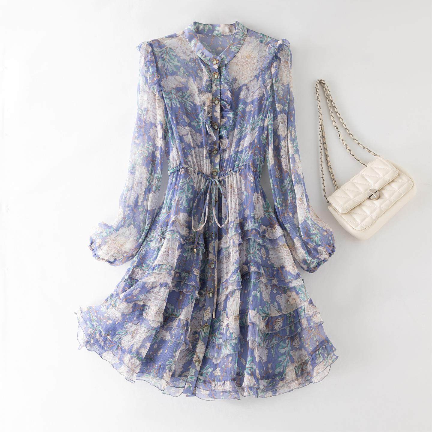 防晒真丝连衣裙女2026春夏新款长袖印花微透法式飘带桑蚕丝裙子