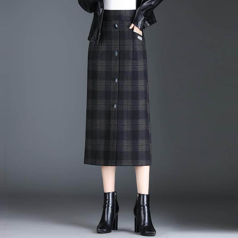 格子长款包臀裙女修身显瘦一步裙2024秋冬款松紧腰毛呢气质半身裙