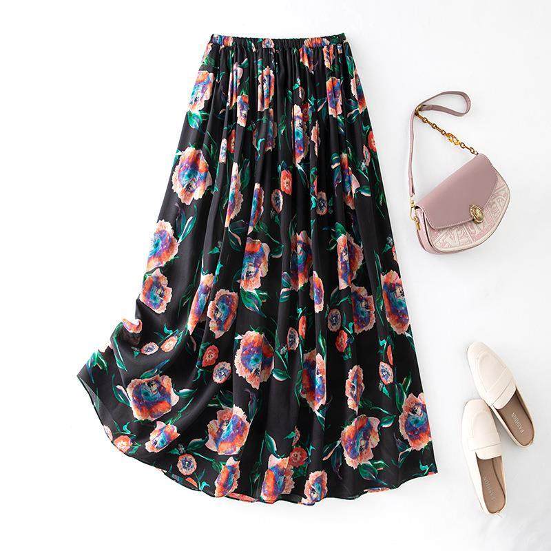 双绉！！！数码印花黑色桑蚕丝松紧腰大摆花色半身裙85092