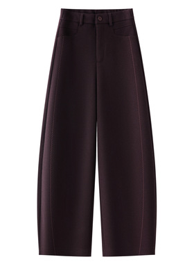 紫色毛呢休闲哈伦裤女秋冬季窄版高腰宽松醋酸羊毛弯刀裤休闲裤