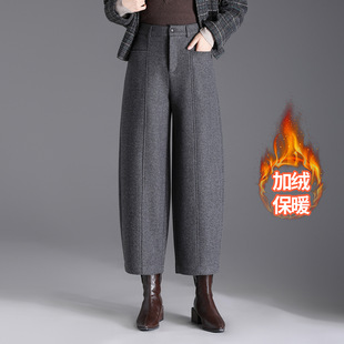 新款羊毛呢加绒气球裤直筒裤年秋冬季韩版高腰休闲九分女裤休闲裤