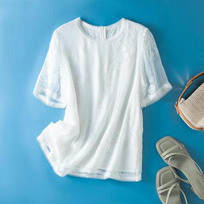 芭碧尔女装真丝上衣精致刺绣桑蚕丝短袖T恤衫套头衫81080