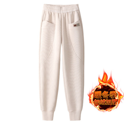 高腰通勤风白色灯芯绒束休闲裤