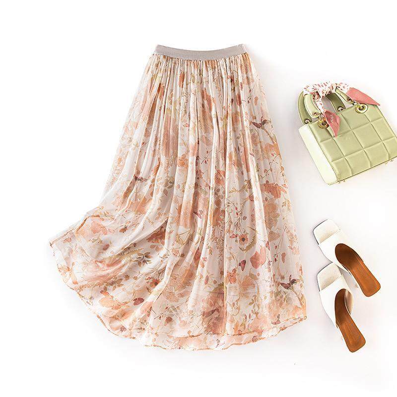 真丝半身裙女夏显瘦a字垂感长裙桑蚕丝印花飘逸大摆裙-熹妃85171