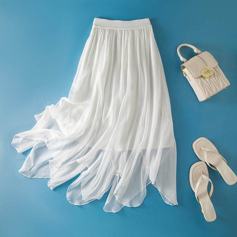 松紧腰真丝半身裙中长款气质不规则下摆纯色飘逸裙黑色白色85089