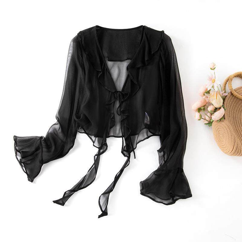 新夏季时尚气质通勤真丝桑蚕丝长袖拼接衬衫女披肩外套开衫85042