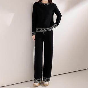 两件套秋冬季 针织毛衣上衣直筒阔腿裤 洋气宽松休闲女士羊毛衫 时尚