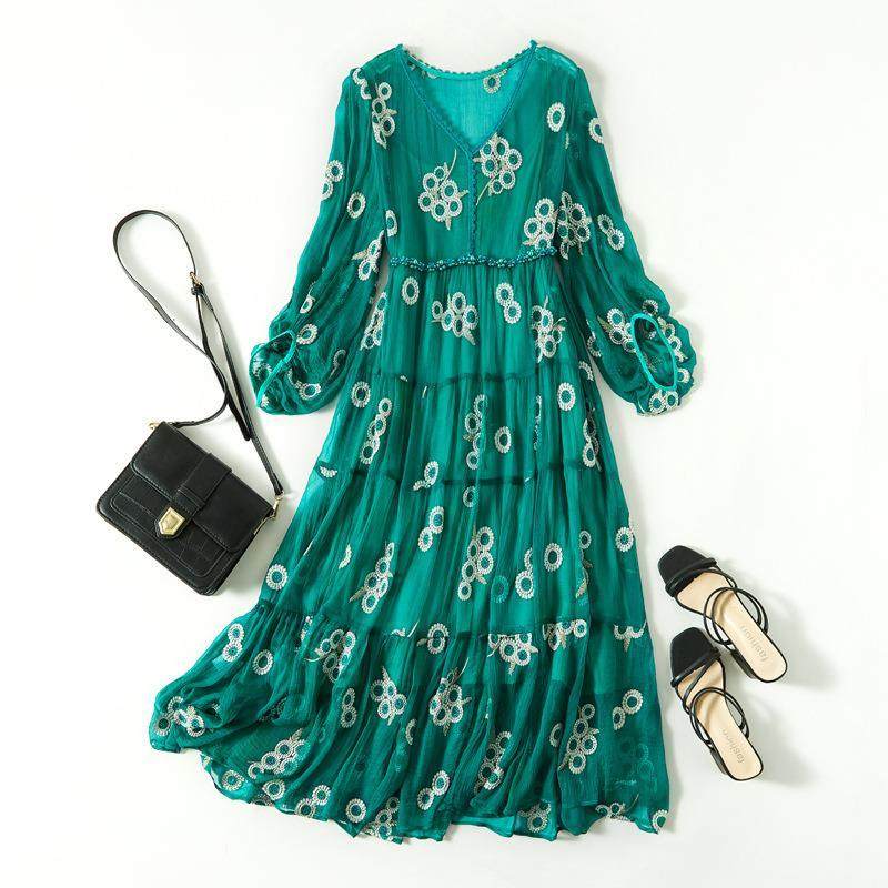 芭碧尔女装真丝连衣裙春夏新款桑蚕丝长裙法式奢华蚕丝裙85004