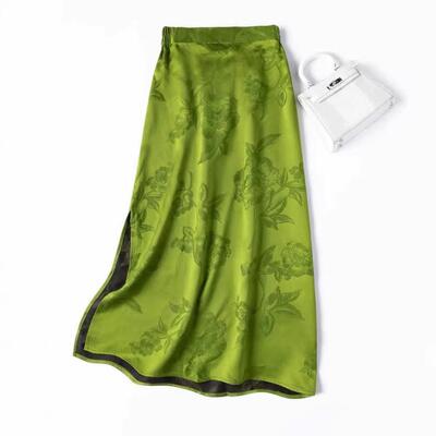 优雅国风来袭！提花花罗人丝香云纱开叉半身裙包臀裙绿色桶裙新款