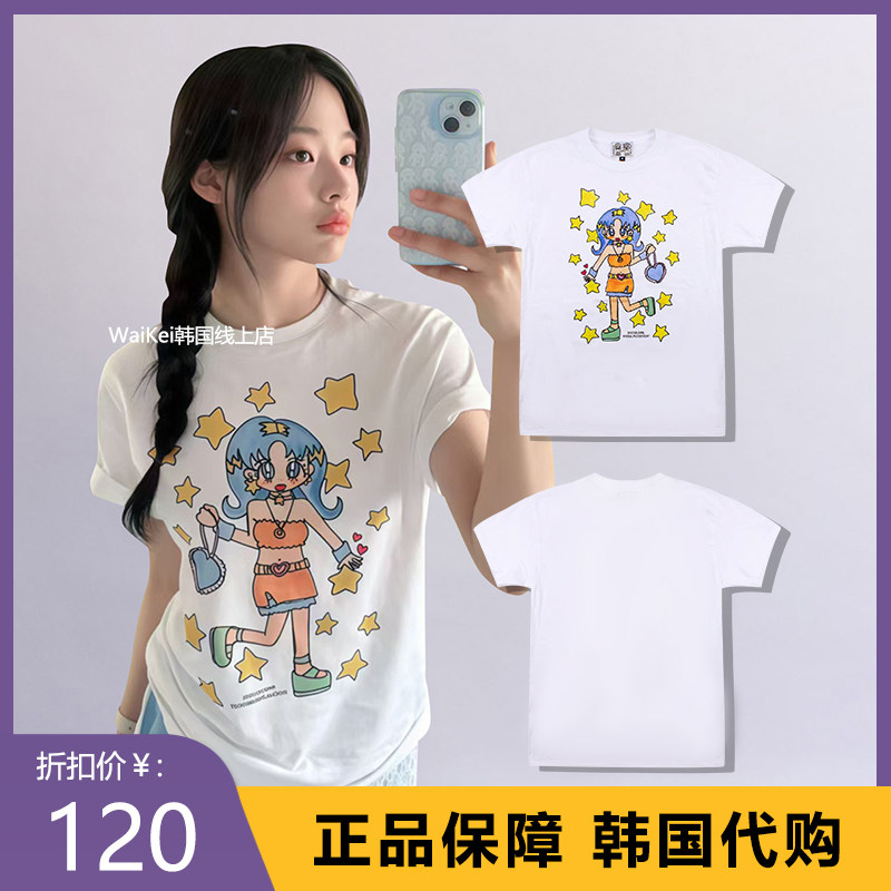 韩国潮牌soulpussscat短袖女t恤minji林小宅同款星星女孩纯棉宽松