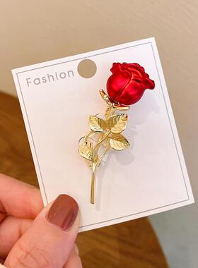 新款胸针时尚优雅高级红色玫瑰花朵胸花复古衣饰防走光扣别针配饰