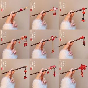 中国风木质红色流苏发簪女新中式发钗现代简约后脑勺盘发簪子头饰
