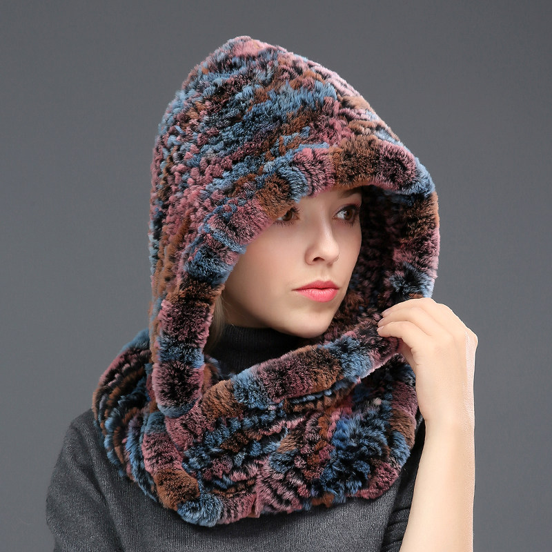 兔毛帽子围巾一体女士冬季獭兔毛编织皮草帽连体护耳保暖加厚韩版