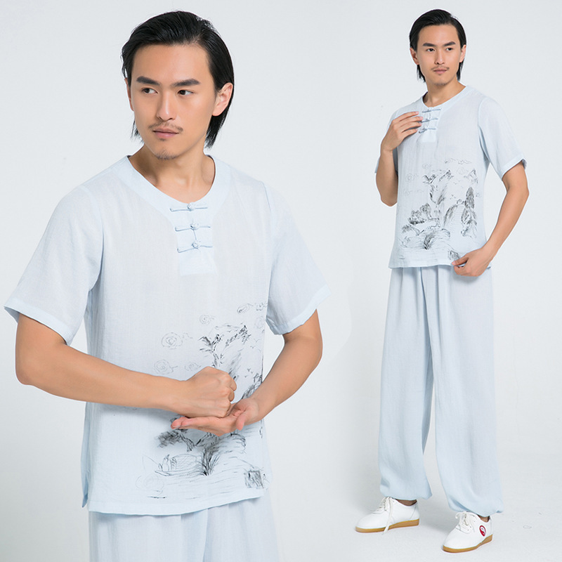 士手绘亚麻汉服民族风短袖演出套装太极服2023夏季新款练功服男